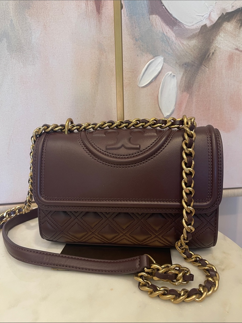 NWOT Tory Burch Quilted Shoulder Bag in Deep Wine Color with Gold Chain